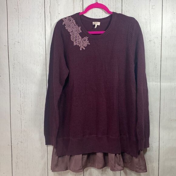 Logo by Lori Goldstein Waffle Knit Sweater Tunic Purple Lace Chiffon Hem Cottage - Picture 1 of 11